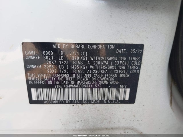 Продаж на аукціоні авто 2022 Subaru Ascent Touring, vin: 4S4WMARD9N3441573, номер лоту: 45800044