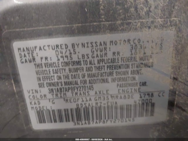 Aukcja sprzedaży 2015 Nissan Sentra Sr, vin: 3N1AB7AP8FY270145, numer aukcji: 45800057