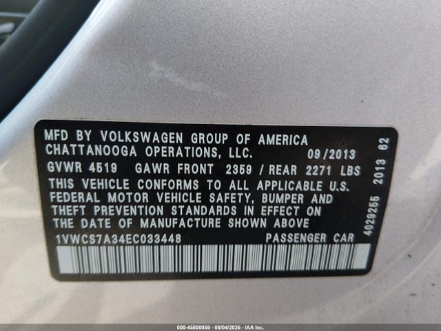 45800059 :رقم المزاد ، 1VWCS7A34EC033448 vin ، 2014 Volkswagen Passat 1.8t Sel Premium مزاد بيع
