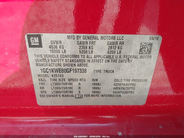 Продажа на аукционе авто 2016 Chevrolet Silverado 2500hd Ltz, vin: 1GC1KWE80GF197338, номер лота: 45800061