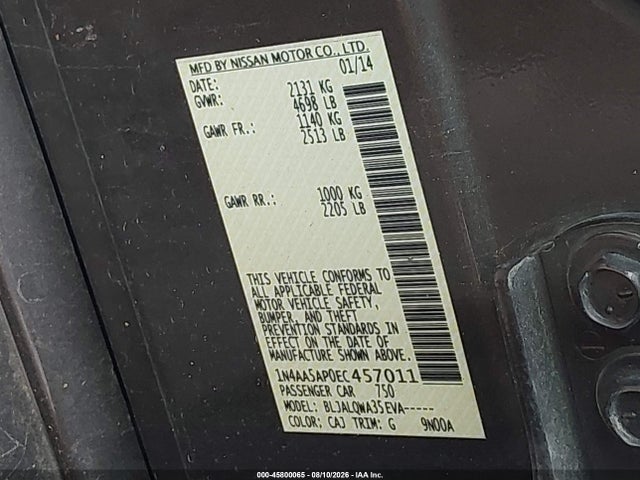 2014 Nissan Maxima 3.5 S/3.5 Sv მანქანა იყიდება აუქციონზე, vin: 1N4AA5AP0EC457011, აუქციონის ნომერი: 45800065