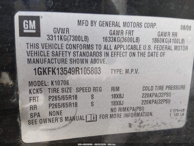 2009 Gmc Yukon Hybrid მანქანა იყიდება აუქციონზე, vin: 1GKFK13549R105803, აუქციონის ნომერი: 45800069