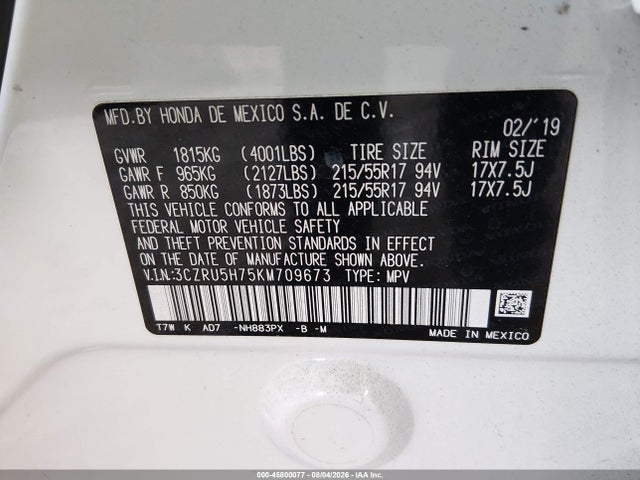 2019 Honda Hr-v Ex-l მანქანა იყიდება აუქციონზე, vin: 3CZRU5H75KM709673, აუქციონის ნომერი: 45800077