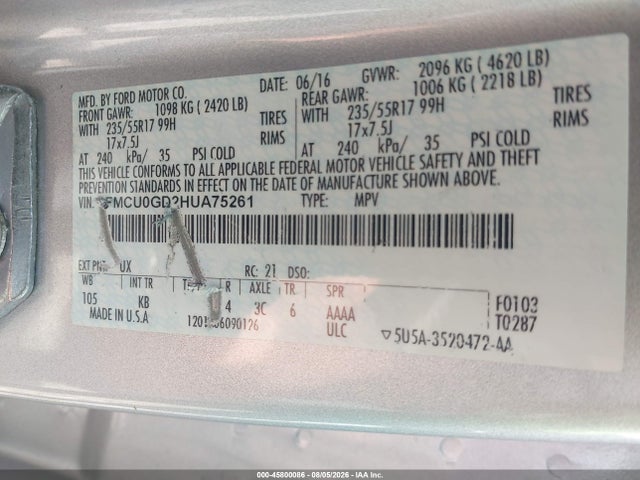 Aukcja sprzedaży 2017 Ford Escape Se, vin: 1FMCU0GD2HUA75261, numer aukcji: 45800086