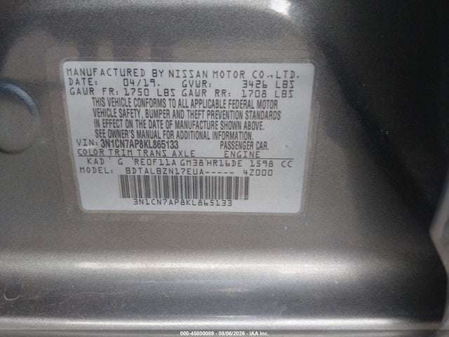 Продажа на аукционе авто 2019 Nissan Versa 1.6 Sv, vin: 3N1CN7AP8KL865133, номер лота: 45800089