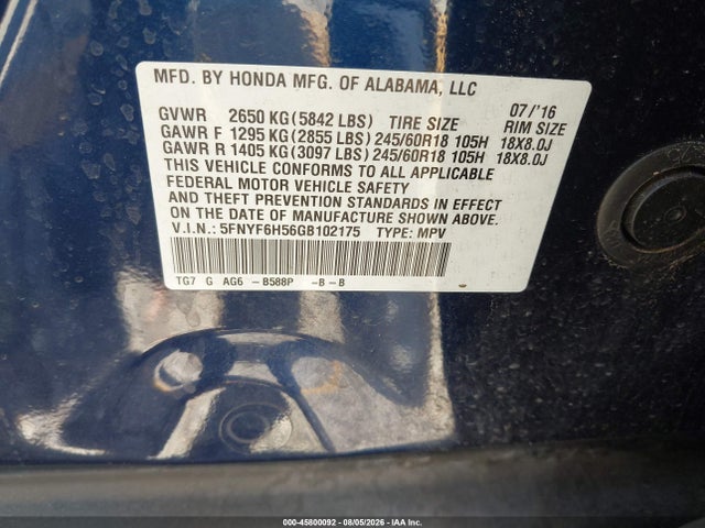 5FNYF6H56GB102175 Honda Pilot Ex-l