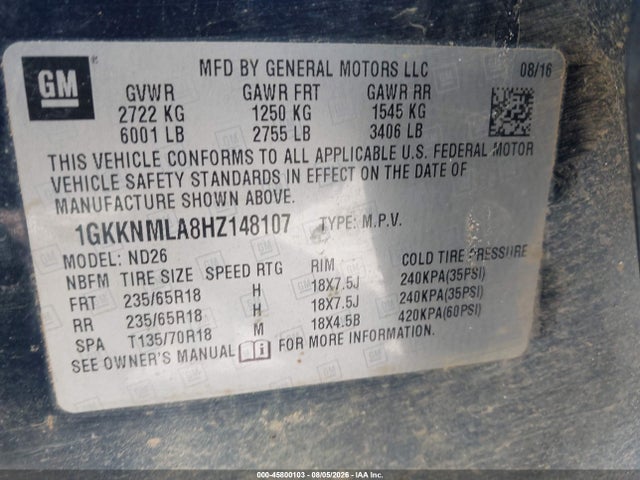 45800103 :رقم المزاد ، 1GKKNMLA8HZ148107 vin ، 2017 Gmc Acadia Slt-1 مزاد بيع