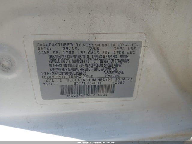 3N1CN7AP0GL826608 Nissan Versa 1.6 S/1.6 S+/1.6 Sl/1.6 Sv