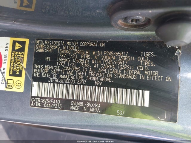 45800106 :رقم المزاد ، JTEBC3EH0D2013207 vin ، 2013 Toyota Highlander Hybrid Base V6 مزاد بيع