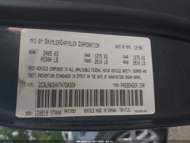 Aukcja sprzedaży 2007 Chrysler 300c, vin: 2C3LA63HX7H720320, numer aukcji: 45800112