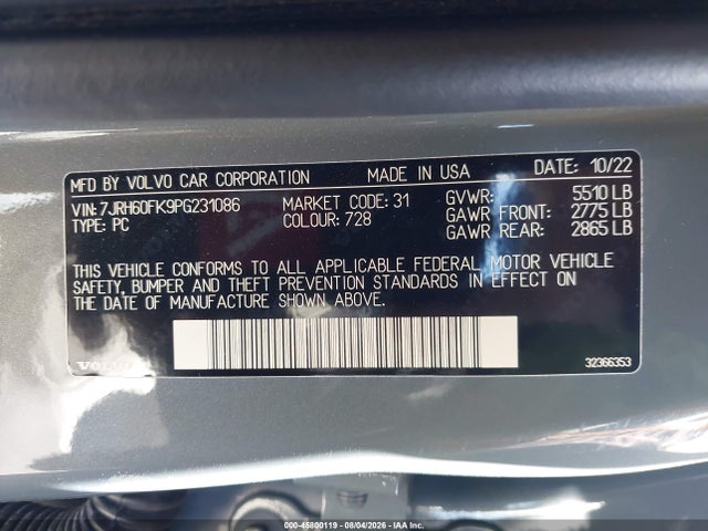 2023 Volvo S60 Recharge Plug-in Hybrid T8 Core Dark Theme მანქანა იყიდება აუქციონზე, vin: 7JRH60FK9PG231086, აუქციონის ნომერი: 45800119