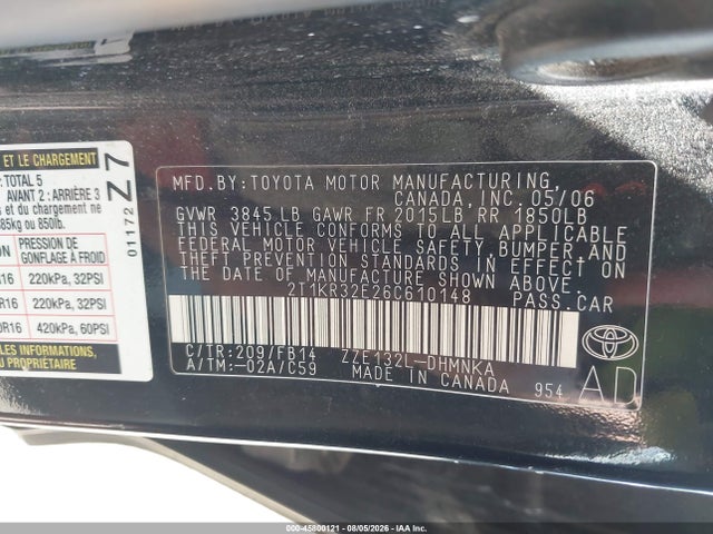 2006 Toyota Matrix Xr მანქანა იყიდება აუქციონზე, vin: 2T1KR32E26C610148, აუქციონის ნომერი: 45800121