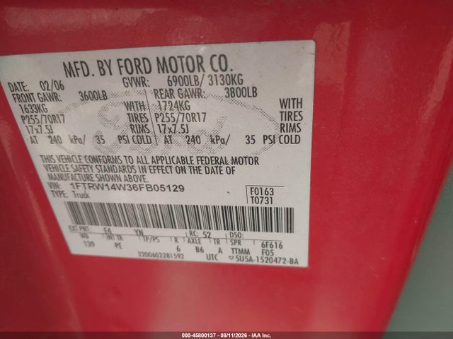 Продажа на аукционе авто 2006 Ford F-150 Xlt, vin: 1FTRW14W36FB05129, номер лота: 45800137