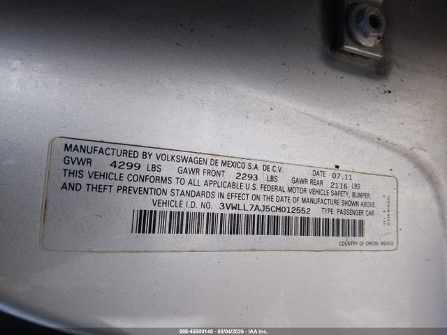 Продажа на аукционе авто 2012 Volkswagen Jetta 2.0l Tdi, vin: 3VWLL7AJ5CM012552, номер лота: 45800148