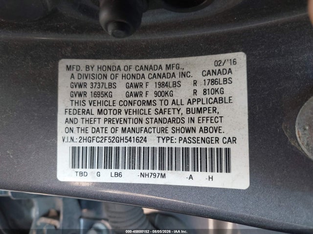 Aukcja sprzedaży 2016 Honda Civic Lx, vin: 2HGFC2F52GH541624, numer aukcji: 45800152
