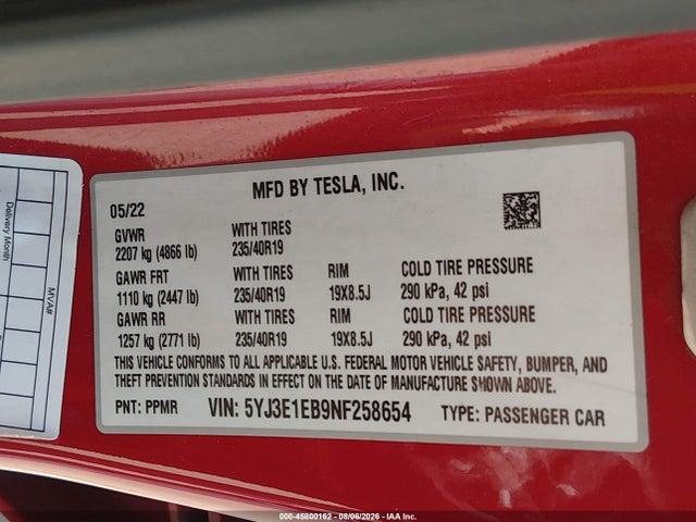 Продажа на аукционе авто 2022 Tesla Model 3 Long Range Dual Motor All-wheel Drive, vin: 5YJ3E1EB9NF258654, номер лота: 45800162
