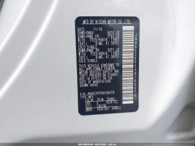 Продаж на аукціоні авто 2017 Nissan Quest Sv, vin: JN8AE2KP0H9166476, номер лоту: 45800169