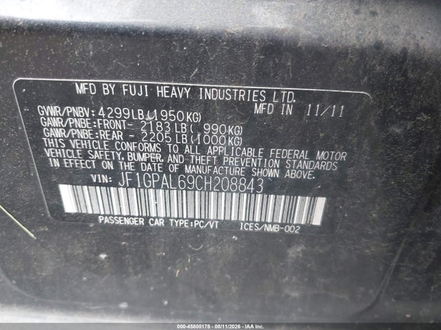 Aukcja sprzedaży 2012 Subaru Impreza 2.0i Sport Premium, vin: JF1GPAL69CH208843, numer aukcji: 45800178