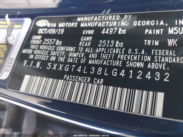 45800182 :رقم المزاد ، 5XXGT4L38LG412432 vin ، 2020 Kia Optima S مزاد بيع