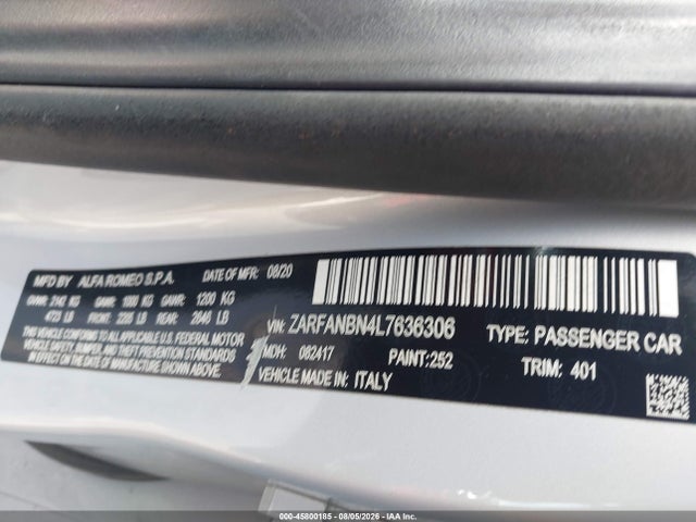 Продаж на аукціоні авто 2020 Alfa Romeo Giulia Ti Sport Awd, vin: ZARFANBN4L7636306, номер лоту: 45800185