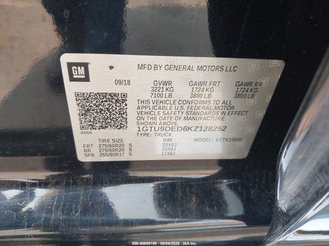 Продаж на аукціоні авто 2019 Gmc Sierra 1500 Slt, vin: 1GTU9DED6KZ128252, номер лоту: 45800190