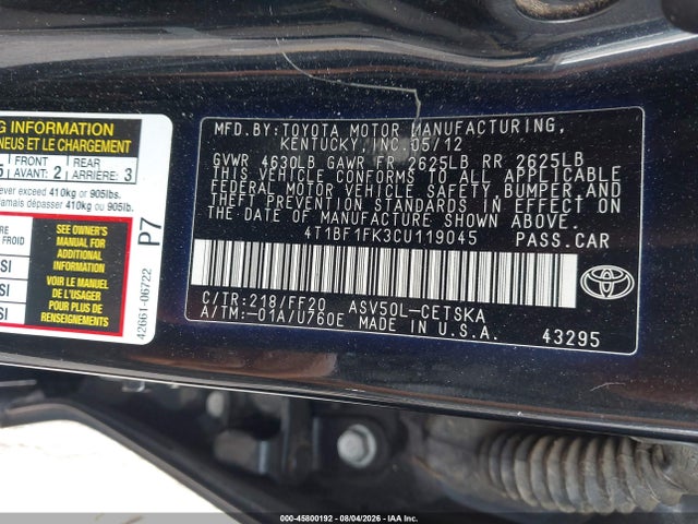 45800192 :رقم المزاد ، 4T1BF1FK3CU119045 vin ، 2012 Toyota Camry Se مزاد بيع