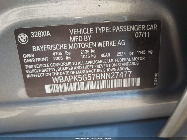 Aukcja sprzedaży 2011 Bmw 328i Xdrive, vin: WBAPK5G57BNN27477, numer aukcji: 45800194