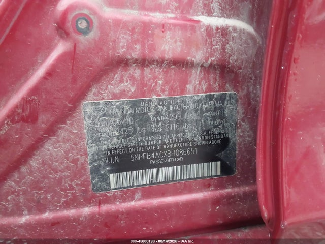 45800198 :رقم المزاد ، 5NPEB4ACXBH086651 vin ، 2011 Hyundai Sonata Gls مزاد بيع
