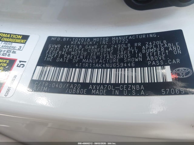 Aukcja sprzedaży 2022 Toyota Camry Le, vin: 4T1R11AK4NU659446, numer aukcji: 45800212