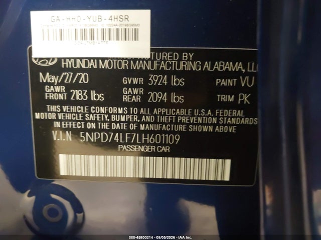 2020 Hyundai Elantra Se მანქანა იყიდება აუქციონზე, vin: 5NPD74LF7LH601109, აუქციონის ნომერი: 45800214