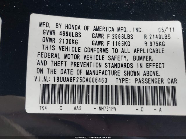 45800221 :رقم المزاد ، 19UUA8F25CA006463 vin ، 2012 Acura Tl 3.5 مزاد بيع