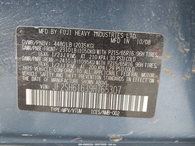 Продажа на аукционе авто 2009 Subaru Forester 2.5x, vin: JF2SH61639H765307, номер лота: 45800224