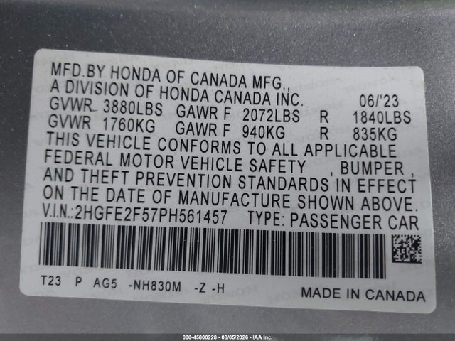 2023 Honda Civic Sport მანქანა იყიდება აუქციონზე, vin: 2HGFE2F57PH561457, აუქციონის ნომერი: 45800228