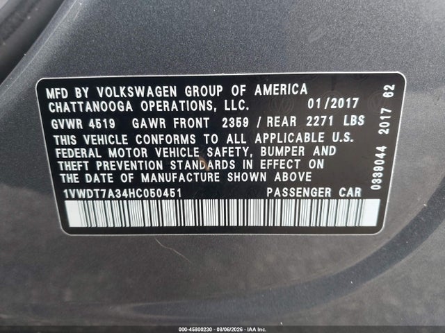 Продаж на аукціоні авто 2017 Volkswagen Passat 1.8t R-line, vin: 1VWDT7A34HC050451, номер лоту: 45800230