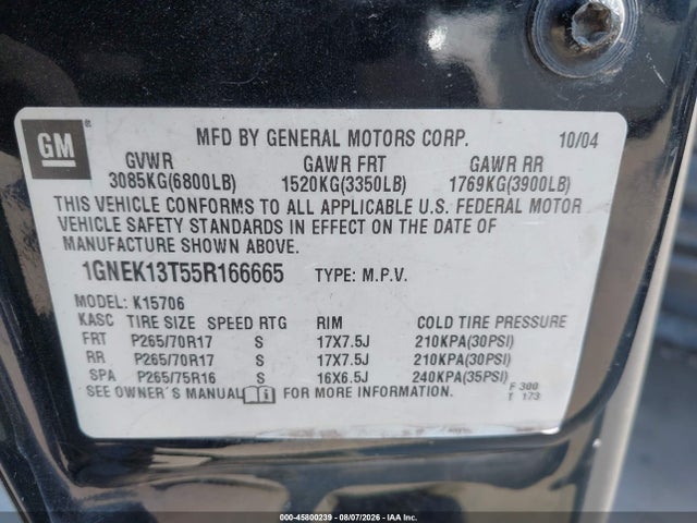 Aukcja sprzedaży 2005 Chevrolet Tahoe Z71, vin: 1GNEK13T55R166665, numer aukcji: 45800239