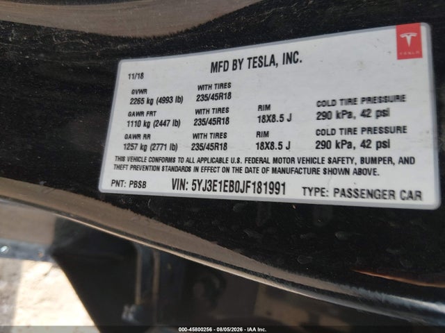 Продажа на аукционе авто 2018 Tesla Model 3 Long Range/performance, vin: 5YJ3E1EB0JF181991, номер лота: 45800256