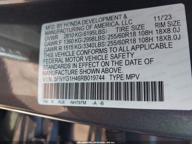 Продажа на аукционе авто 2024 Honda Pilot Ex-l, vin: 5FNYG1H46RB019744, номер лота: 45800269