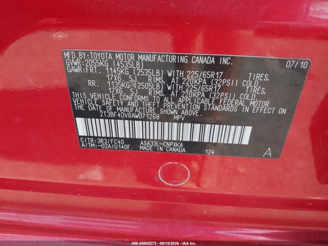 Продаж на аукціоні авто 2010 Toyota Rav4, vin: 2T3BF4DV8AW071268, номер лоту: 45800273