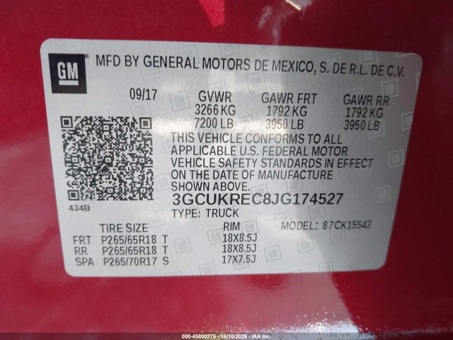 Продажа на аукционе авто 2018 Chevrolet Silverado 1500 2lt, vin: 3GCUKREC8JG174527, номер лота: 45800275