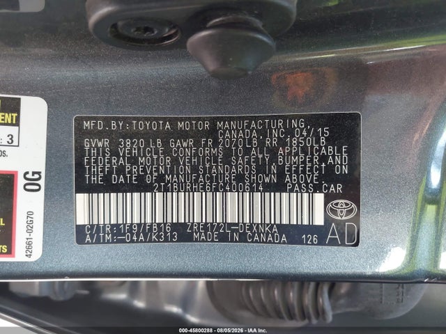 Aukcja sprzedaży 2015 Toyota Corolla Le Plus, vin: 2T1BURHE6FC400614, numer aukcji: 45800288