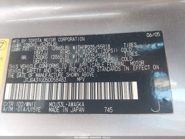 2005 Lexus Rx 330 მანქანა იყიდება აუქციონზე, vin: JTJGA31U050058483, აუქციონის ნომერი: 45800292