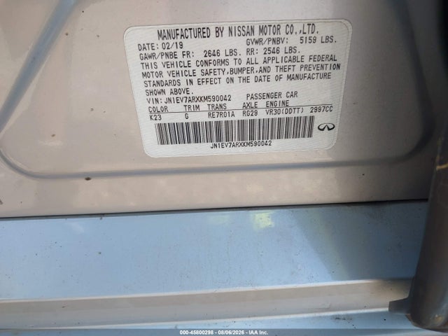 45800298 :رقم المزاد ، JN1EV7ARXKM590042 vin ، 2019 Infiniti Q50 3.0t Luxe مزاد بيع