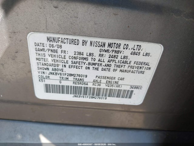 Aukcja sprzedaży 2008 Infiniti G35x, vin: JNKBV61F28M276019, numer aukcji: 45800307