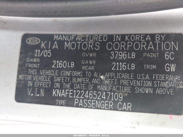Продаж на аукціоні авто 2006 Kia Spectra Ex/lx/sx, vin: KNAFE122465247109, номер лоту: 45800331