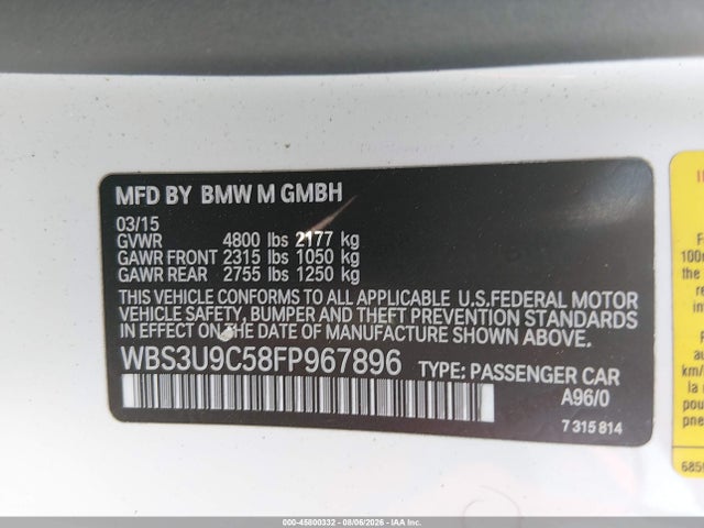 Продажа на аукционе авто 2015 Bmw M4, vin: WBS3U9C58FP967896, номер лота: 45800332