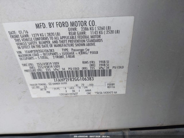 Aukcja sprzedaży 2016 Ford Taurus Limited, vin: 1FAHP2F82GG106383, numer aukcji: 45800346