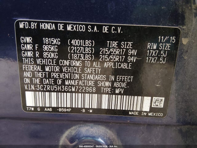 45800347 :رقم المزاد ، 3CZRU5H36GM722968 vin ، 2016 Honda Hr-v Lx مزاد بيع