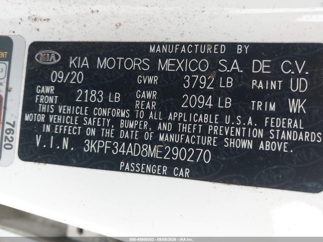45800353 :رقم المزاد ، 3KPF34AD8ME290270 vin ، 2021 Kia Forte Gt-line مزاد بيع