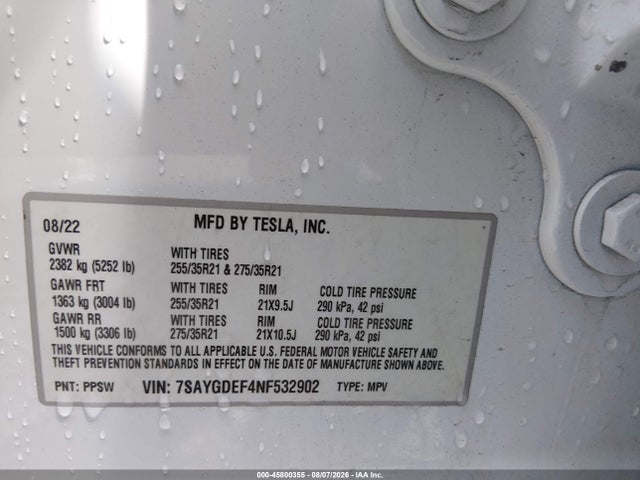 Продаж на аукціоні авто 2022 Tesla Model Y Performance Dual Motor All-wheel Drive, vin: 7SAYGDEF4NF532902, номер лоту: 45800355