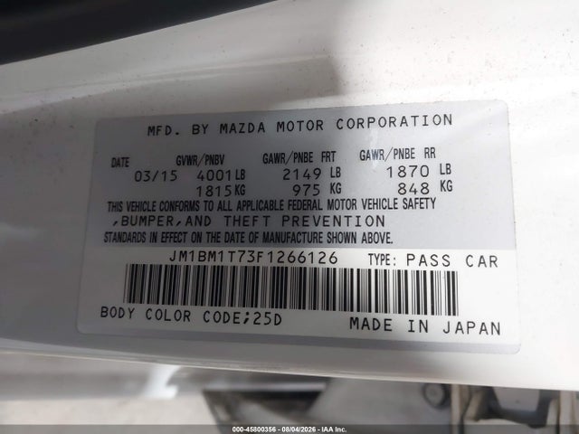 Aukcja sprzedaży 2015 Mazda Mazda3 I Sv, vin: JM1BM1T73F1266126, numer aukcji: 45800356